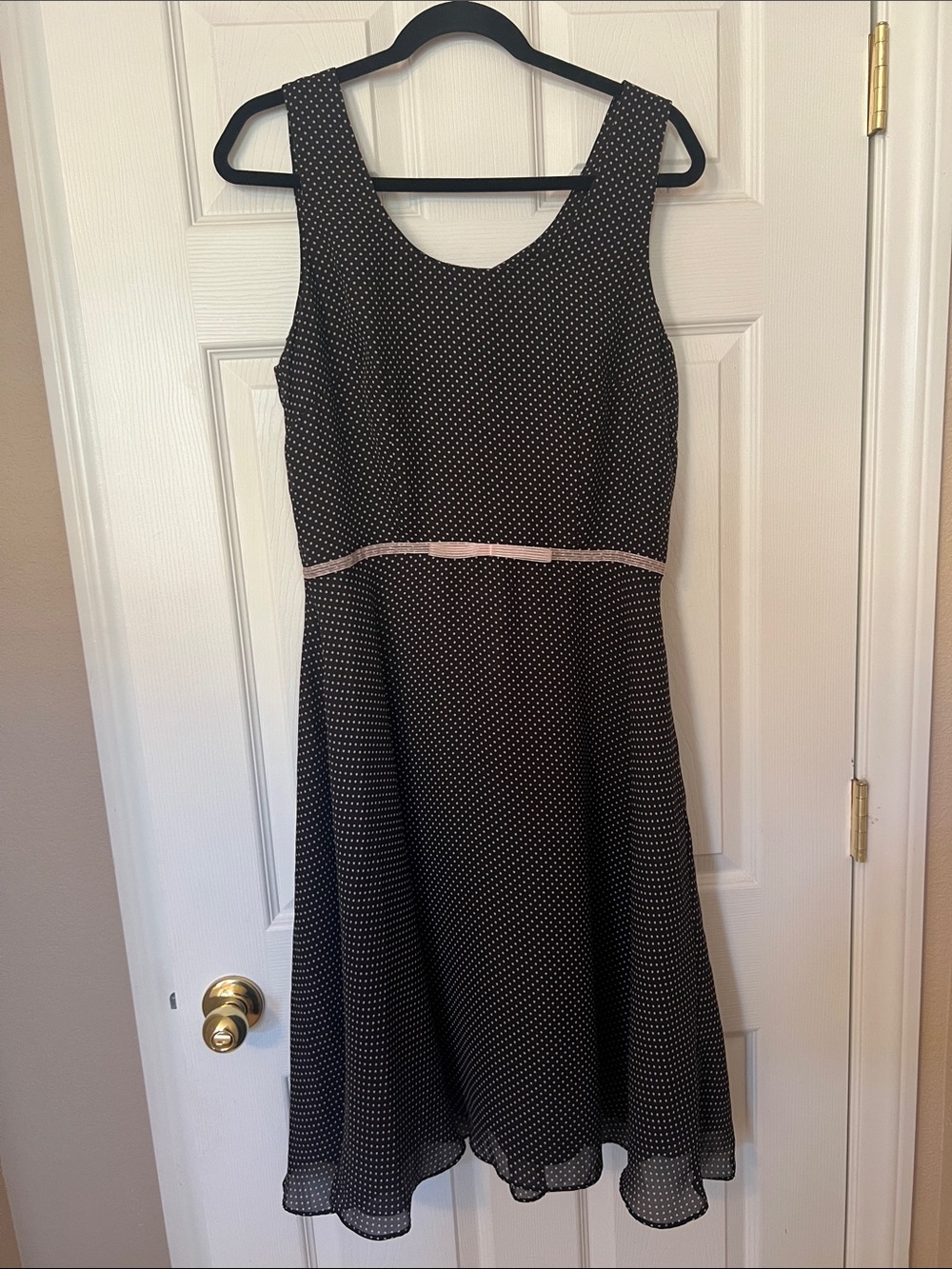 dressbarn Black Polka Dot A-Line Dress with Pink Waist Trim